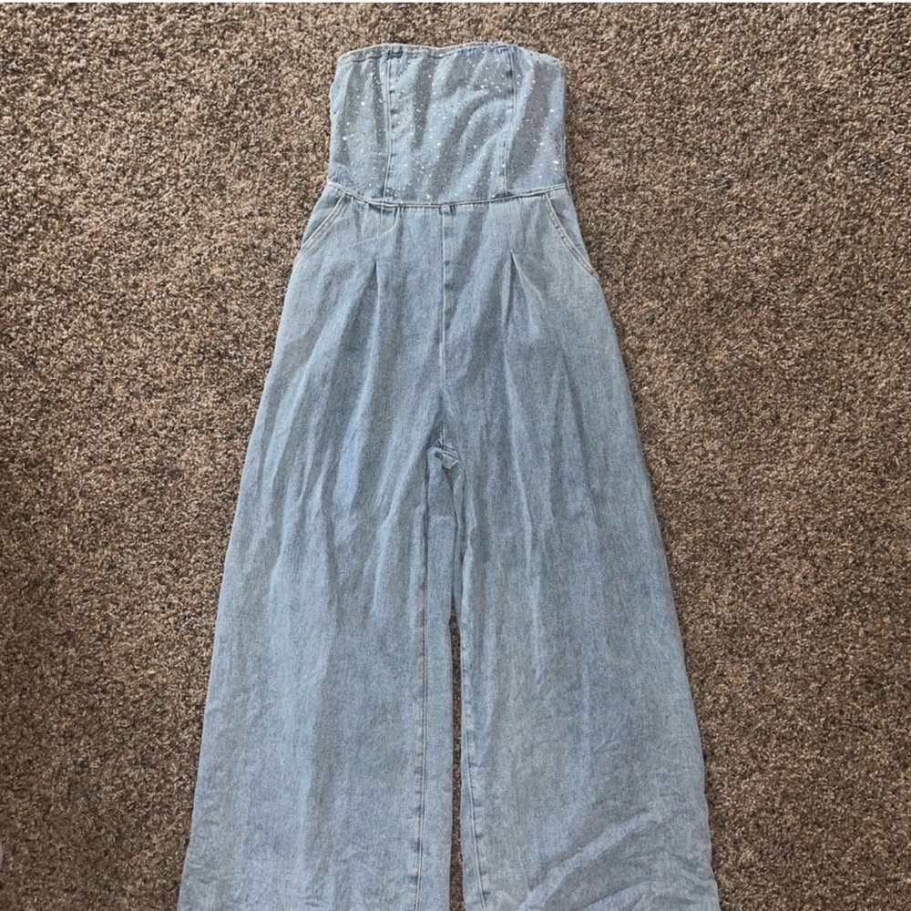 High-Waist Light Wash Denim Jumpsuit Rhinestone M